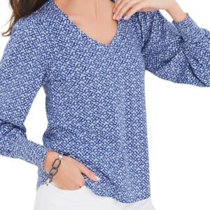 Chicos Drama Sleeve Cotton-Blend Slub Top in Navy and White